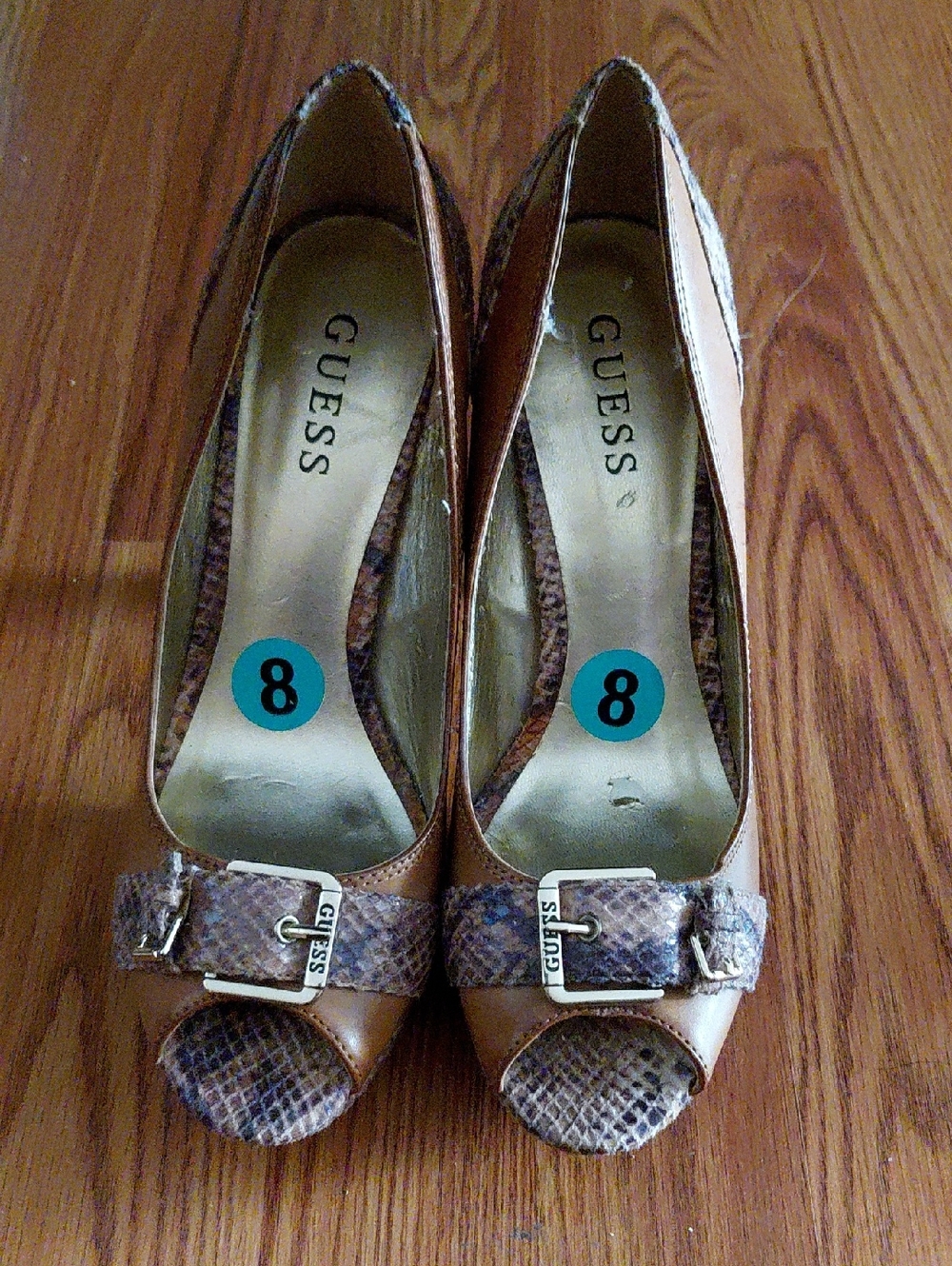 GUESS Brown Tan Peep-Toe Heels with Snakeskin Buckle Trim